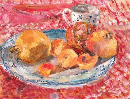 pomegranates, apricots and gingham cloth by alice mumford - click image to close