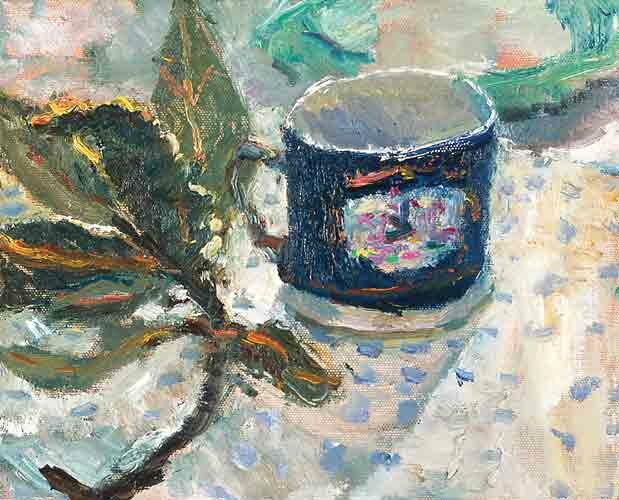 the blue chinese mug and bay leaves by alice mumford - click image to close