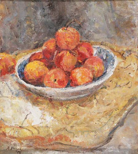 the dish of nectarines on a yellow tray by alice mumford - click image to close