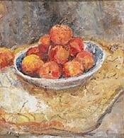 the dish of nectarines on a yellow tray by alice mumford - click for enlargement