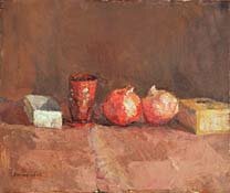 the red lacquer vase and two pomegranates by alice mumford - click for enlargement