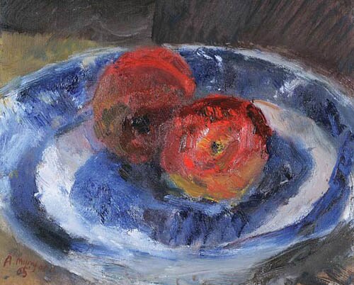 two apples on a blue dish by alice mumford - click image to close