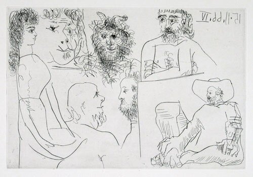 Femme, Faune et Hommes Barbus, Regardant des Tableaux by Pablo Picasso - click image to close