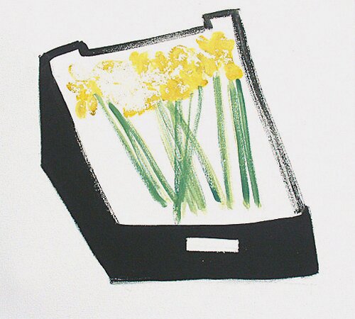 black crate with yellow daffodils left on the pavement outside the shop by jessica cooper - click image to close