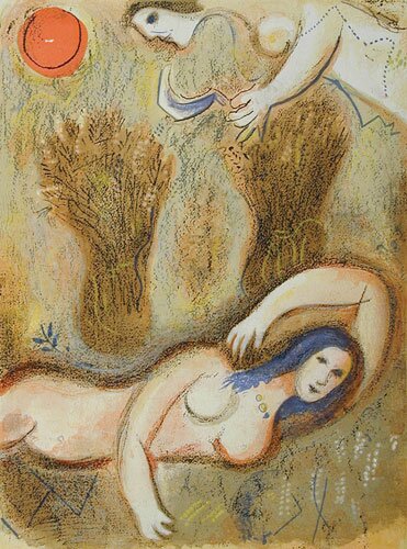 boaz wakes up and sees ruth at his feet by marc chagall - click image to close